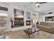 Bright living room featuring a fireplace, custom built-ins, and a view to the pool area at 4108 Royal Scots Ave, Las Vegas, NV 89141