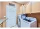 Well-equipped laundry room with modern washer and dryer, and ample cabinet storage at 3412 Crystal Tower St, Las Vegas, NV 89129
