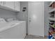Functional laundry room with appliances, storage shelves and door to the outside at 471 Fallwood Ln, Las Vegas, NV 89107