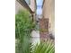 Narrow side yard featuring lush greenery, rocks, and a walkway leading to a gate between two homes at 5334 Floating Flower Ave, Las Vegas, NV 89139
