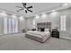 Spacious primary bedroom with shutters, ceiling fan, and plush carpeting at 7738 Willow Cove Cir, Las Vegas, NV 89129