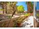 A charming backyard featuring mature trees, desert landscaping, and a view of a single-story home at 8236 Round Hills Cir, Las Vegas, NV 89113