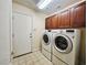 Laundry room with overhead cabinets and modern washer and dryer units at 9462 Alhambra Valley St, Las Vegas, NV 89178