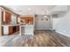 Modern kitchen featuring hardwood floors and a backsplash at 28 Yellow Flame Ave, North Las Vegas, NV 89084
