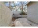 The block-walled side yard features a concrete patio, a palm tree, and shady trees at 3936 Applecrest St, Las Vegas, NV 89108
