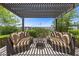 An outdoor living space featuring comfortable seating under a pergola, set amidst manicured hedges and lush greenery at 6338 Skystone St, Las Vegas, NV 89135