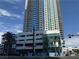 Exterior daytime shot of a high-rise condominium with blue windows and balconies at 2700 Las Vegas Blvd # 2811, Las Vegas, NV 89109