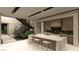 Modern kitchen featuring waterfall island, stainless steel appliances, wood cabinetry, and staircase access at 3530 Cosima Ln, Las Vegas, NV 89120