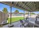Backyard featuring covered patio, artifical turf, and block wall fencing, with a table and chairs at 80 E Texas Ave, Henderson, NV 89015