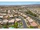 Expansive aerial view showcasing the neighborhood, landscaping, and a home with a private pool at 8970 Lansberry Ct, Las Vegas, NV 89147