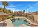 Inviting backyard oasis with a uniquely designed pool and tropical landscaping at 8970 Lansberry Ct, Las Vegas, NV 89147