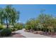 Serene walking path lined with mature trees and lush landscaping, perfect for a leisurely stroll in a peaceful setting at 10420 Loma Portal Ave, Las Vegas, NV 89166