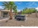 Relaxing backyard featuring a large hot tub, mature palm trees, and desert landscaping at 2621 Icy Moon St, Henderson, NV 89044