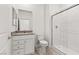 A modern bathroom featuring a vanity with drawers, a toilet, and a glass-enclosed shower at 6737 Lotus Vista Ct, Las Vegas, NV 89156