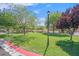 Green common area with lawn, trees, lamppost, and other homes in the background at 1109 Claire Rose Ave, Las Vegas, NV 89183