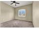 Well-lit bedroom with plush carpeting, neutral walls, a ceiling fan, and window overlooking the neighborhood at 3204 Rutledge Dr, Las Vegas, NV 89120