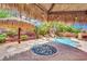 Inviting backyard area showcasing a cozy fire pit with a tiki hut, swimming pool, and lush landscaping at 4139 Abernethy Forest Pl, Las Vegas, NV 89141