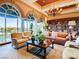 The gorgeous living room features large windows, stylish furniture, and a view of the water at 4311 Fiore Bella Blvd, Las Vegas, NV 89135