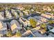Aerial shot of a neighborhood with houses, pools, trees, and desert mountains in the background at 5332 Desert Blossom Rd, Las Vegas, NV 89107