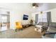 Cozy living room with plush carpet, comfortable seating, a ceiling fan, and a view to the doorway at 632 Monument Point St, Henderson, NV 89002