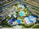 Aerial view of the community pool, splash pad, parking, and building amenities at 10300 Stroma Ave, Las Vegas, NV 89166