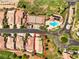 Aerial view of the home, highlighting the desert landscaping, community pool, and tennis courts at 1131 Golf Club, Laughlin, NV 89029
