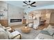 Open living room with fireplace and view into the kitchen with island and stools at 1624 Ravanusa Dr, Henderson, NV 89052