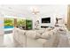 Bright living room with sleek fireplace, TV, and patio access to the pool at 454 Rosina Vista St, Las Vegas, NV 89138