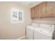 Clean laundry room with white washer and dryer and white cabinets for storage at 9021 Feather River Ct, Las Vegas, NV 89117