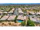 Expansive aerial view of a desert neighborhood featuring lush landscaping and a private backyard pool at 4719 Riva De Romanza St, Las Vegas, NV 89135