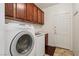 Functional laundry room with washer, dryer, and built-in cabinets at 8224 Fowler Falls Ct, North Las Vegas, NV 89085