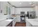 This kitchen is equipped with stainless steel appliances, white cabinets, and stylish quartz countertops at 9053 Boston Springs Ave, Las Vegas, NV 89149