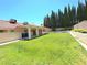 A spacious backyard with lush lawn and tall privacy trees, featuring a covered patio at 1536 Brocado Ln, Las Vegas, NV 89117