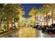 A street with palm trees, string lights and retail shops with cars lining the sides at 2177 Hidden Ranch Ter, Henderson, NV 89052