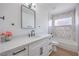 Well-lit bathroom featuring a white vanity, modern fixtures, and a shower-over-tub with decorative tile surround at 6420 Rosemount Ave, Las Vegas, NV 89156