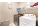 This laundry room features a front loading washer and dryer and upper storage shelving at 2860 Sunflower Days Ave # 2141, North Las Vegas, NV 89031