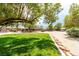 Spacious backyard featuring lush green grass, a rock pathway, and mature landscaping at 6779 Rainstorm Ridge Ave, Las Vegas, NV 89131