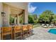 Outdoor patio area with bar seating, lush greenery, and a sparkling pool, perfect for relaxing and entertaining at 7988 Pinnacle Peak Ave, Las Vegas, NV 89113