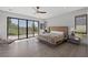 Modern bedroom with hardwood floors, large sliding glass doors to backyard, and stylish furnishings at 1337 Villa Barolo Ave, Henderson, NV 89052