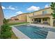 Backyard featuring a pool, patio with seating, and turf next to a two-story home at 404 Lost Horizon Ave, Henderson, NV 89002