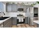 Well-lit kitchen features gray cabinets, stainless steel appliances, and a black sink at 520 Blackbird Knoll Ct, North Las Vegas, NV 89084