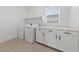 Functional laundry room with modern washer, dryer, counter space, and storage cabinets at 9839 Berkley Brook Ct, Las Vegas, NV 89141