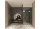 Modern bathroom with sleek black fixtures, glass shower, and stylish black and white patterned floor at 1224 Powerpack Ct, Henderson, NV 89012