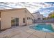 Backyard with pool, concrete patio, and stucco exterior of home at 7936 Pinnochio Ave, Las Vegas, NV 89131