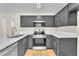 Stylish kitchen with gray cabinets, white countertops, and stainless steel appliances at 2964 Juniper Hills Blvd # 104, Las Vegas, NV 89142