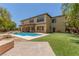Spacious backyard features a sparkling pool, patio, and well-manicured landscaping at 9992 Peak Lookout St, Las Vegas, NV 89178