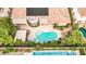 Aerial shot showcasing pool, spa, and patio in a private lush backyard setting at 213 Villa Borghese St, Las Vegas, NV 89138