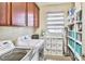 Convenient laundry room with washer, dryer, cabinet storage, shelving and a window for natural light at 2497 Birch Hollow St, Henderson, NV 89044