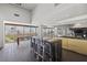 Modern kitchen with black marble island, clear bar stools, and panoramic city views at 3111 Bel Air Dr # 27E, Las Vegas, NV 89109