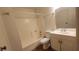 Bathroom featuring a shower over bath, toilet, vanity and mirror at 4310 Lynnann Dr, Las Vegas, NV 89110